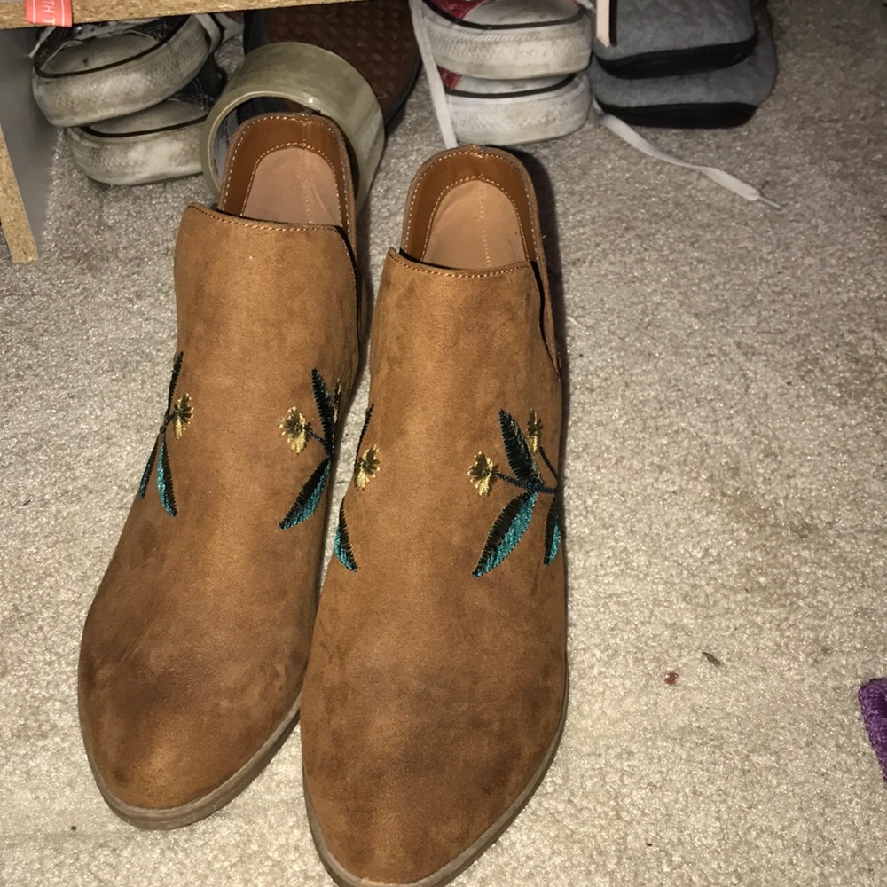 Tan Embroidered Ankle Boots